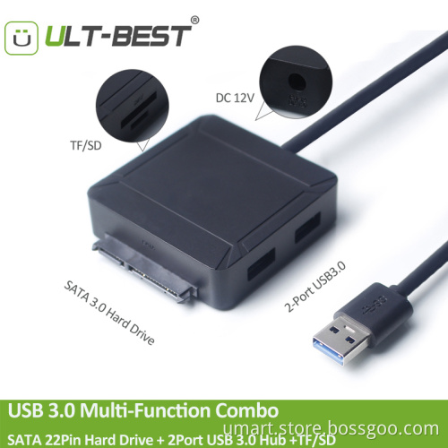 USB 3.0 to SATA III Hard Drive Adapter Cable for 2.5 / 3.5 inch SSD/HDD with 2-Port USB 3.0 and SD/TF Card Reader, Supports UASP